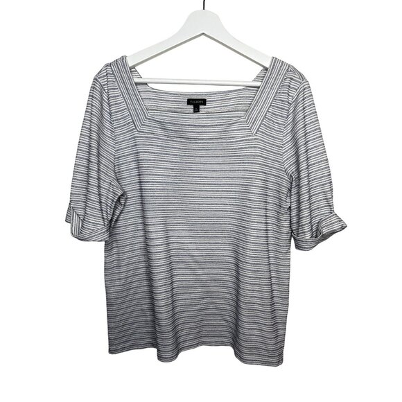 Talbots Stripe Blouse Large Square Neck Elbow Sleeve Blue White - Picture 1 of 5